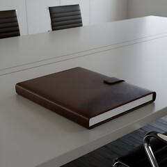 Brown leather bound notebook rests on a light gray conference table in an office setting. Empty meeting room with professional equipment.