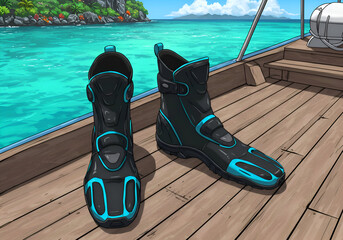 Pair of stylish, teal-accented, black waterproof boots resting on a wooden deck of a boat overlooking a turquoise sea.