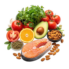 Selection of Healthy Foods Salmon Avocado Almonds Tomatoes Orange Vegetables Healthy Food Ingredients Nutritional Diet Balanced Meal Food Photo