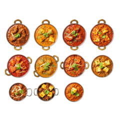 Selection of Indian Dishes with Rich Sauces Garnish Cilantro Overhead Shot Variety of Curries Meat Vegetable and Paneer in Authentic Bowls