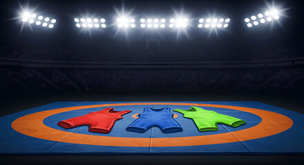 Wrestling attire of various colors on a wrestling mat in a stadium setting. Three wrestling singlets in red, blue, and green are displayed on a wrestling mat with a brightly lit stadium background.