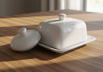 White ceramic butter dish set resting on a light brown wooden table. Elegant, simple design with a square lidded dish and matching base, showcasing a smooth, glossy surface.