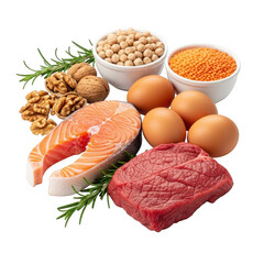 Selection of Protein Rich Foods Isolated on Transparent Backdrop for Health and Nutrition Projects Featuring Salmon, Eggs, and Nuts