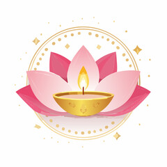 Diwali diya lamp on a lotus flower with a golden circle and stars.