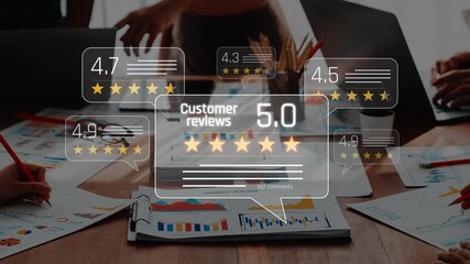 A team collaborates on customer reviews, presenting ratings and charts in an office setting, showcasing teamwork and analysis for project improvement. Raster - Powered by Adobe