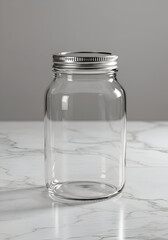 Empty glass jar with metal lid on marble surface. A clear glass jar with a silver lid stands on a white marble countertop, showcasing its clean lines and neutral tones.