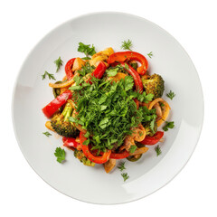Served Vegetable Stir Fry on White Plate Top View Ready to Eat Dish Isolated on Transparent Backdrop for Design Blending