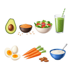 Set of Healthy Food Illustration Isolated on Transparent Background Avocado Lentils Salad Smoothie Eggs Carrots Almonds Yogurt Diet Concept