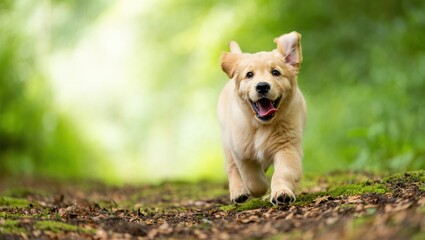 Happy Golden Retriever Puppy Running On Forest Path In Sunny Day