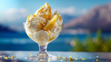 Ice cream. A glass bowl filled with ice cream. Ice cream scoop. 