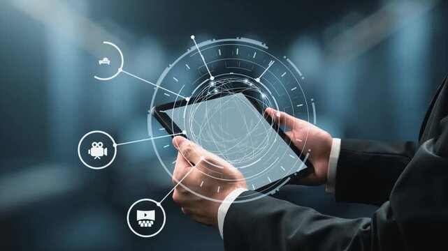 Multimedia technology with video, audio, photo and streaming icons representing digital media, communication and online platforms in a modern multimedia world. Gist