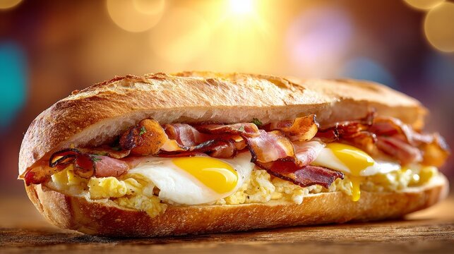French baguette sandwich with eggs, bacon, and cheese