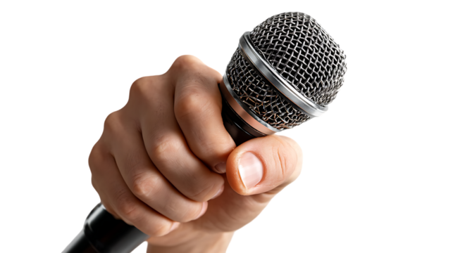 Dramatic Close-Up Hand Gripping Vintage Silver Microphone Studio Photography, Performance Concept, Isolated Transparent PNG