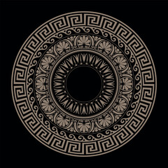 Greek round pattern on black background. Patterns of Greece and ancient Rome. Greek pattern. Greek meander. Circle european border. Round antique border from Greek. 