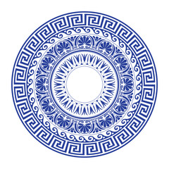 Round blue porcelain plate with arabesques, floral ornament. Greek style. Template for textiles, engraving, forging, embroidery, porcelain, plate. Vector element for design.