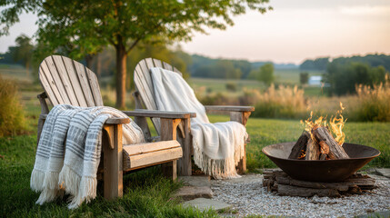 Fototapeta premium Cozy outdoor seating with blankets, fire pit, and a peaceful natural setting capturing a warm evening ambiance