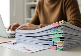 A massive stack of documents with colorful binder clips dominates a desk, beside a person typing on a laptop