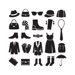 Minimalist Black Silhouette Fashion Icons Collection Showcasing Elegant Modern Lifestyle Essentials. 