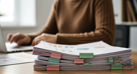 A massive stack of documents with colorful binder clips dominates a desk, beside a person typing on a laptop