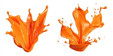 Two vibrant orange liquid splashes against a white background. A dynamic display of liquid action, showing the force and form of a powerful jet