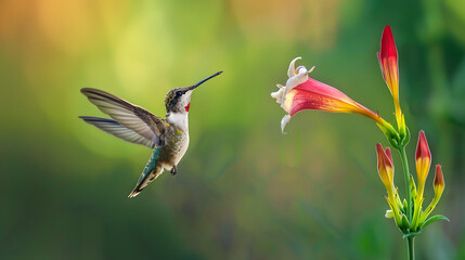Ruby-throated Hummingbird (Male) with a Mandevilla Flower