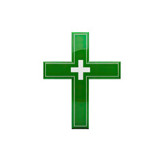 Green cross symbol with a white cross inside, centered on a black background