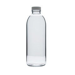 Clear bottle with gray lid, translucent liquid, isolated on black background