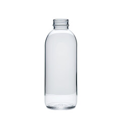 Empty clear glass bottle with rounded body, against a black background