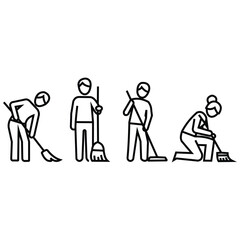 Creative design vector art of set of four simple line art icons depicting people sweeping and cleaning the floor