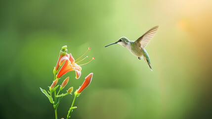 Ruby-throated Hummingbird (Male) with a Mandevilla Flower