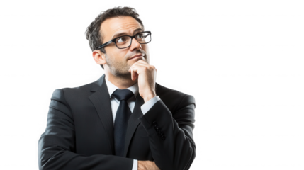 Man in suit with glasses looking up and thinking on black background on transparent background