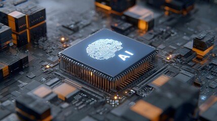 A close-up, futuristic view of a central processing unit (CPU) chip with an AI brain logo etched onto its surface, surrounded by intricate circuitry and electronic components.