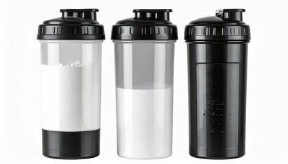 Set of Three Shaker Bottles in Silver, Black, and White on Transparent Background