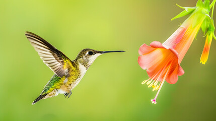 Ruby-throated Hummingbird (Male) with a Mandevilla Flower