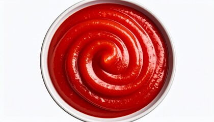 Spiral Tomato Ketchup in White Bowl with Herb Garnish on Transparent Background
