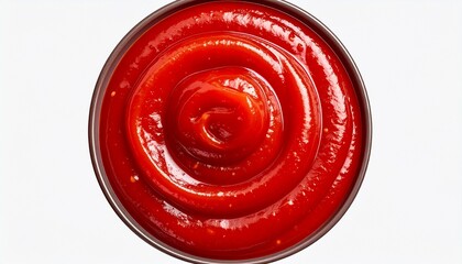 Spiral Tomato Ketchup in White Bowl with Herb Garnish on Transparent Background