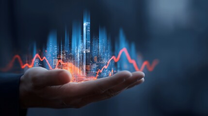 Human Hand Holding Glowing Abstract Digital Cityscape And Red Stock Market Graph For Financial Data Analysis