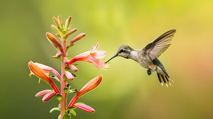 Ruby-throated Hummingbird (Male) with a Mandevilla Flower