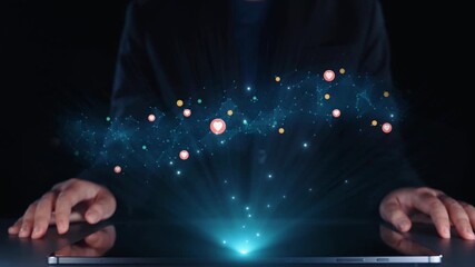 Social media interaction digital icons floating show concept of social media marketing. Online engagement, influencer marketing, and modern connection technology. Elide - Powered by Adobe