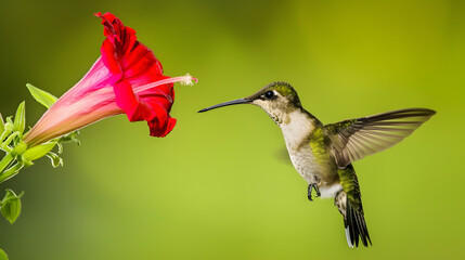 Ruby-throated Hummingbird (Male) with a Mandevilla Flower