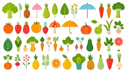 Spring and summer fruit and vegetable element set, vector illustration