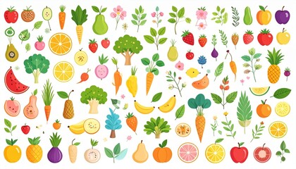 Obraz premium Spring and summer fruit and vegetable element set, vector illustration
