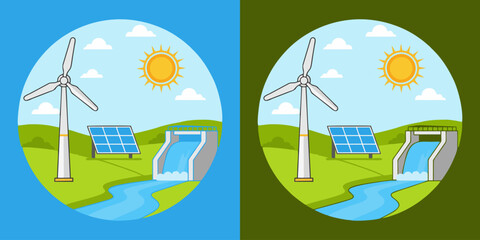Sustainable future with clean energy sources: Wind turbines, solar panels, and hydroelectric power creating a vibrant and environmentally friendly landscape for generations