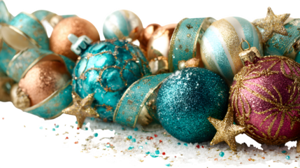 Decorative Christmas corner border with shiny baubles, ribbons, and sparkling stars isolated on white background