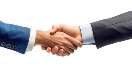 A close up of two people shaking hands wearing business suits on black on transparent background