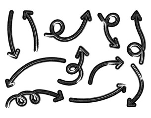 Hand Drawn Black Brush Arrows Set PNG &ndash; Curved, Swirl, and Loop Arrows Clipart for Design, Highlight, Presentation, and Infographic Use on Transparent Background