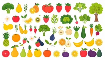 Obraz premium Spring and summer fruit and vegetable element set, vector illustration