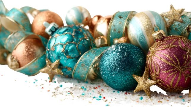 Decorative Christmas corner border with shiny baubles, ribbons, and sparkling stars isolated on white background