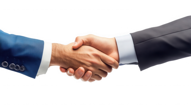 A close up of two people shaking hands wearing business suits on black on transparent background