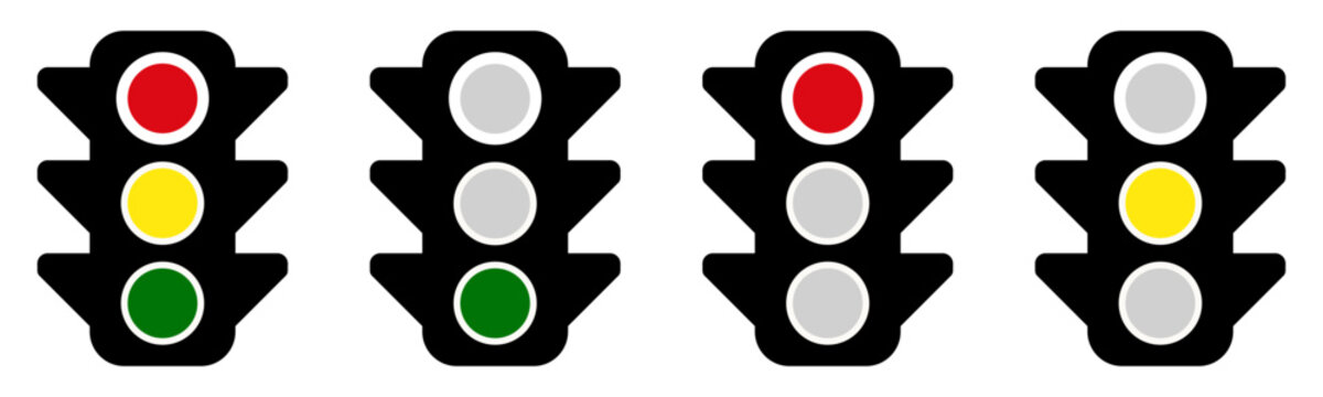 Vector illustration of traffic lights with red, yellow, and green signals in multiple variations. Simple flat design set of stoplight icons for transport, road safety, driving.